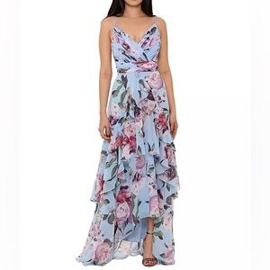 Xscape Light Blue Floral Ruffle Maxi Dress